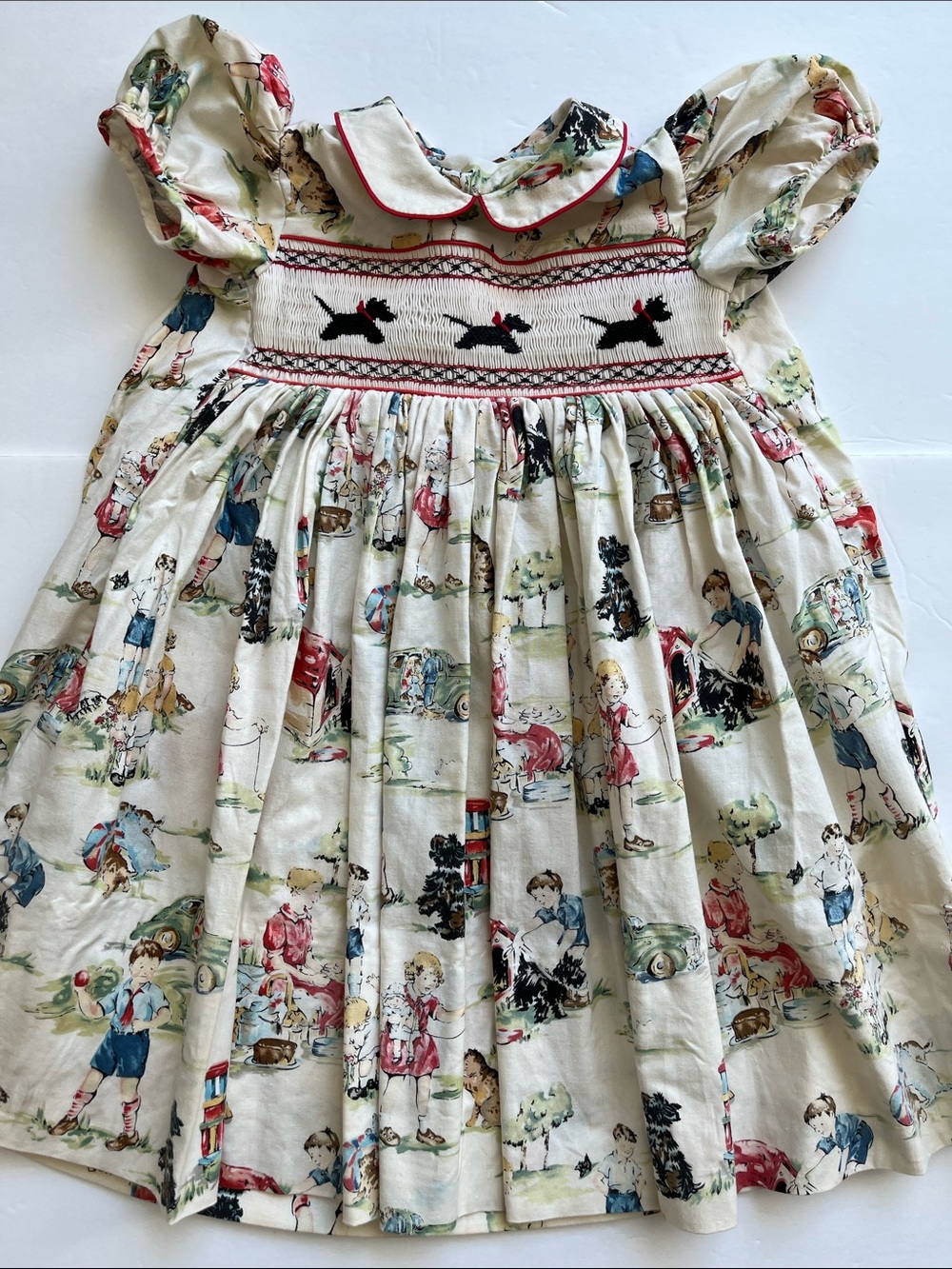 Vintage Smocked Dress Scottie Dogs Puff Sleeves Dick and Jane Cotton Size 3